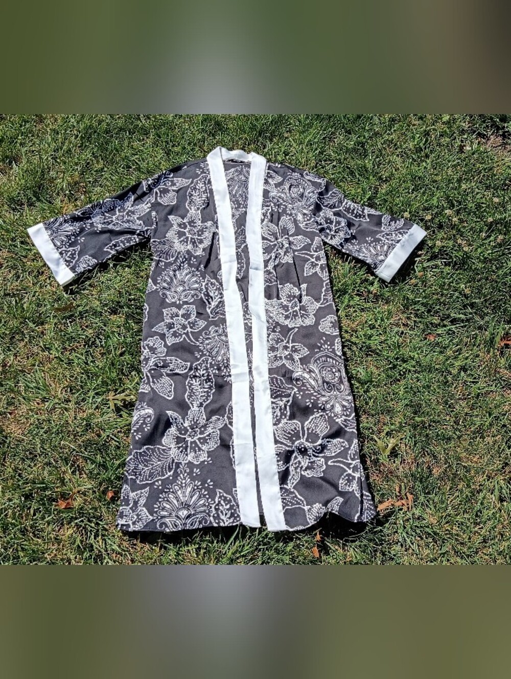 Floral Whimsigoth Kimono Duster XS / S Black Satin Boho Goddess Robe Romantic